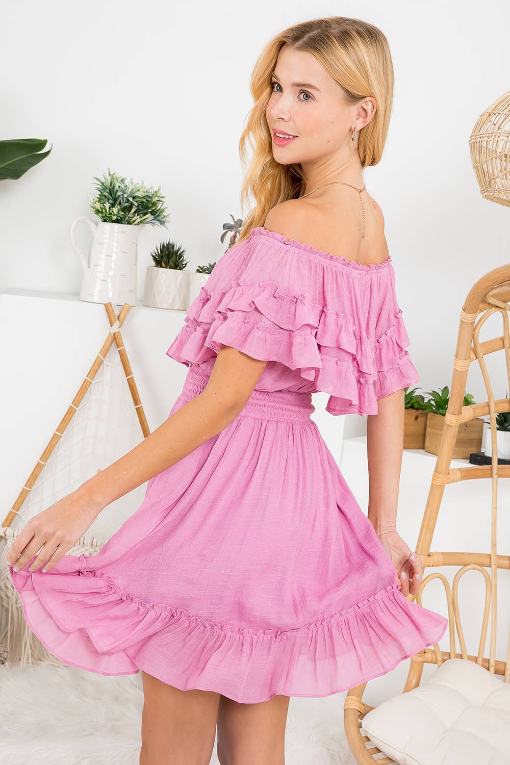 RUFFLE HEM OFF SHOULDER DRESS