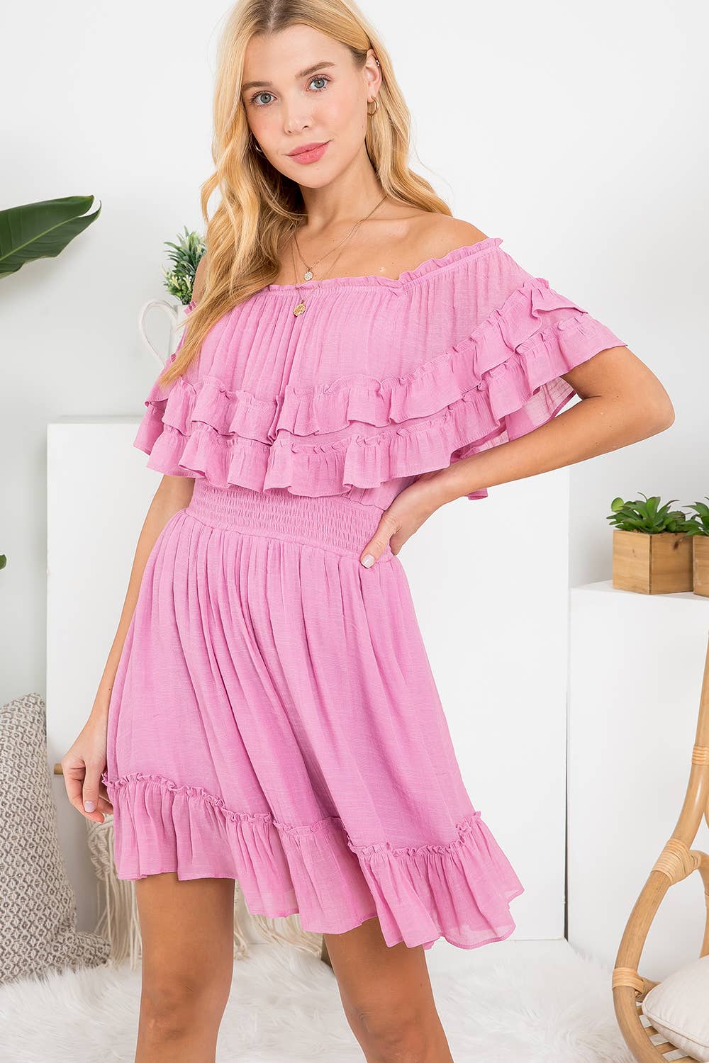 RUFFLE HEM OFF SHOULDER DRESS