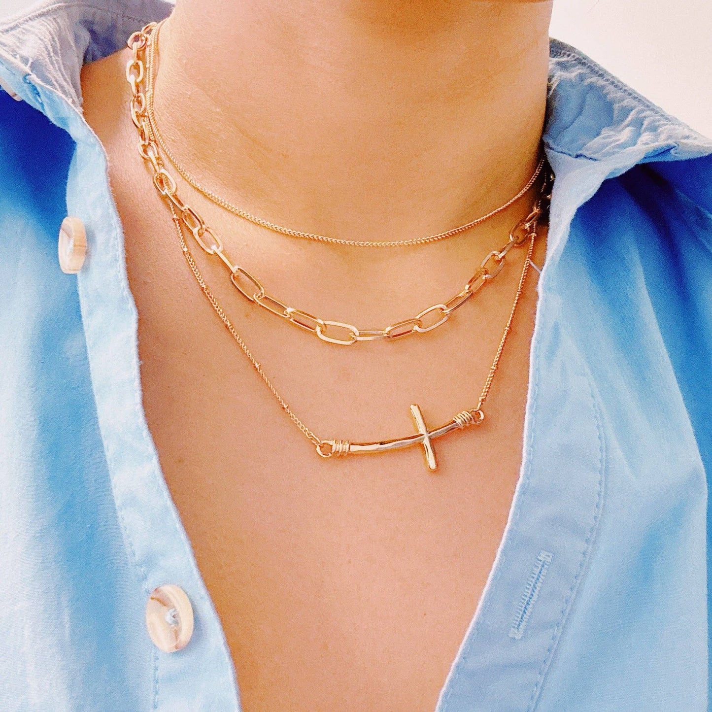 Side Hanging Cross Layered Chain Necklace, Gold