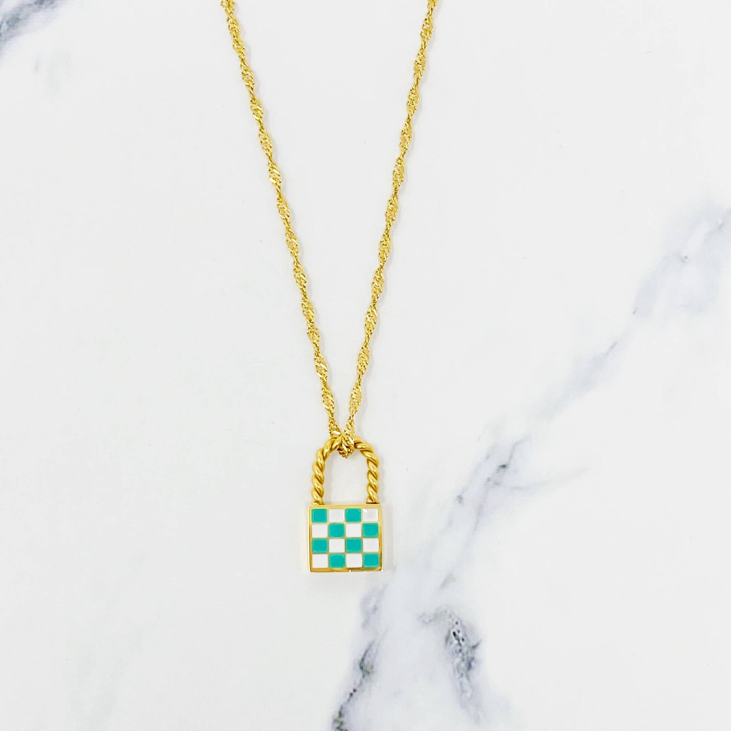 Checkered Locket Necklace, Gold