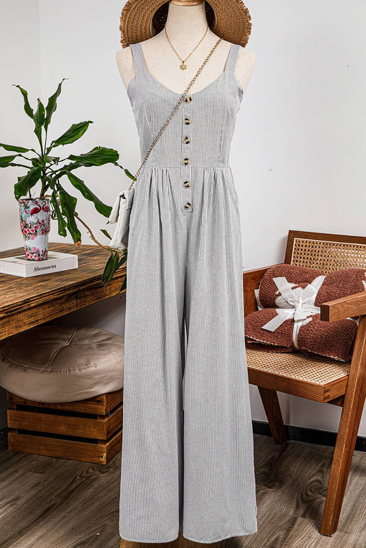 Stripe Buttoned Sleeveless Wide Leg Jumpsuit