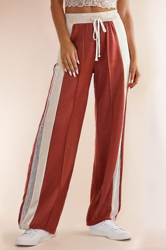 Colorblock Drawstring High Waist Wide Leg Pants
