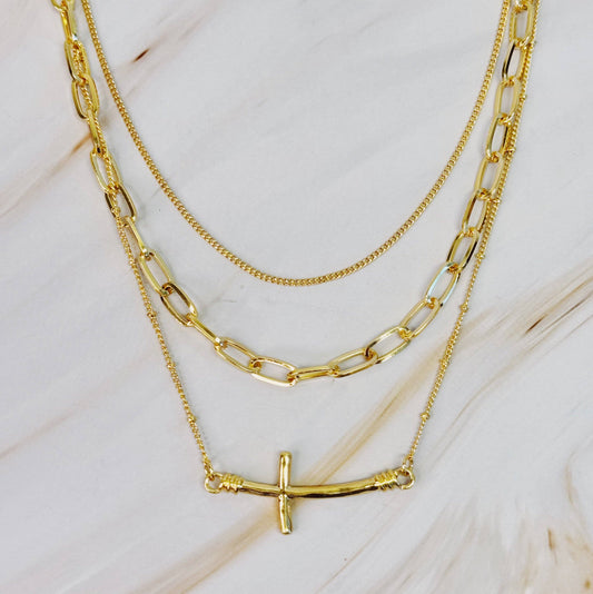 Side Hanging Cross Layered Chain Necklace, Gold