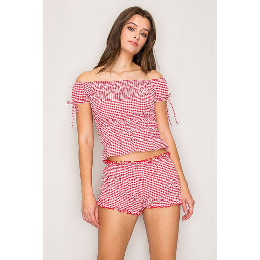 Off Shoulder Smocked Top With Smocked Short Set