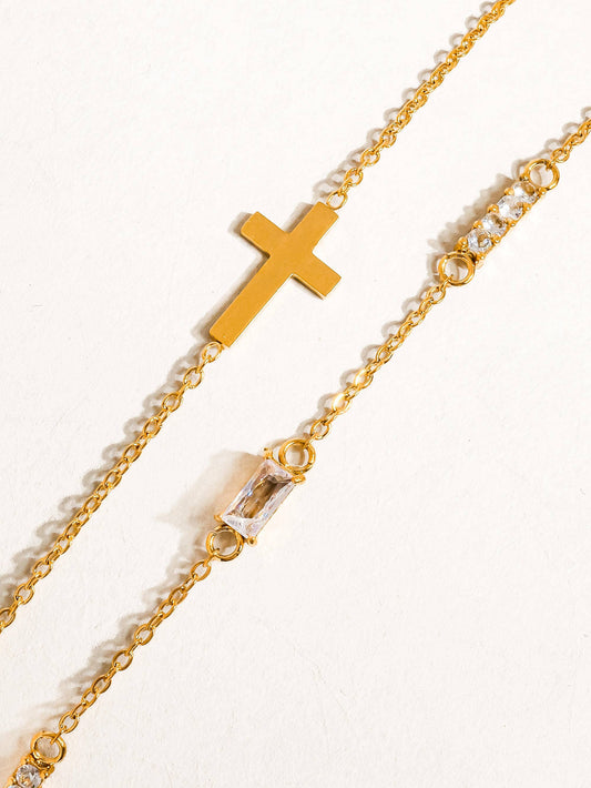 18K Gold Non-Tarnish Layered Cross CZ Bracelet