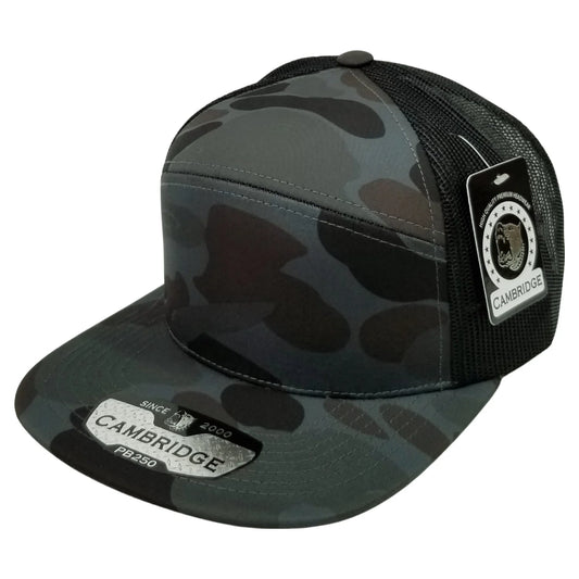 6 Panel Flat Bill Camo Mesh Trucker Dark Grey