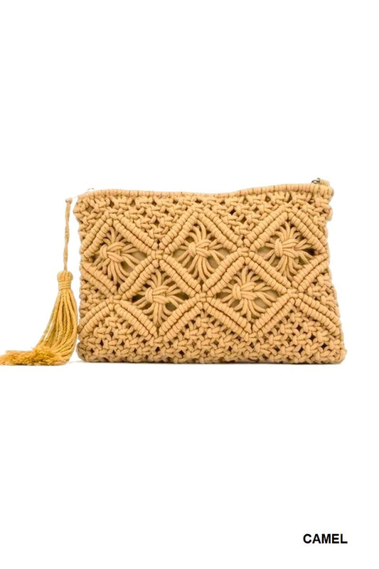 Camel Woven crochet clutch