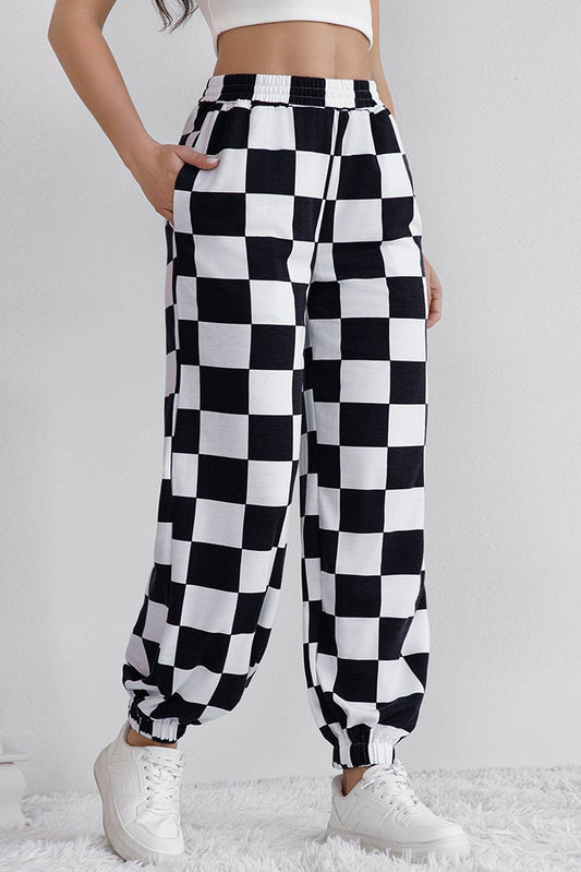 Checkerboard Elastic Waist Pocketed Joggers