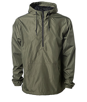 Men's Lightweight Pullover Windbreaker, Army Green, Water Resistant, 100% polyester,  1/2 Front Zipper, Mesh Lined, Hood, Pockets