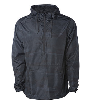 Men's Lightweight Pullover Windbreaker, Camo, Black, Water Resistant, 100% polyester,  1/2 Front Zipper, Mesh Lined, Hood, Pockets