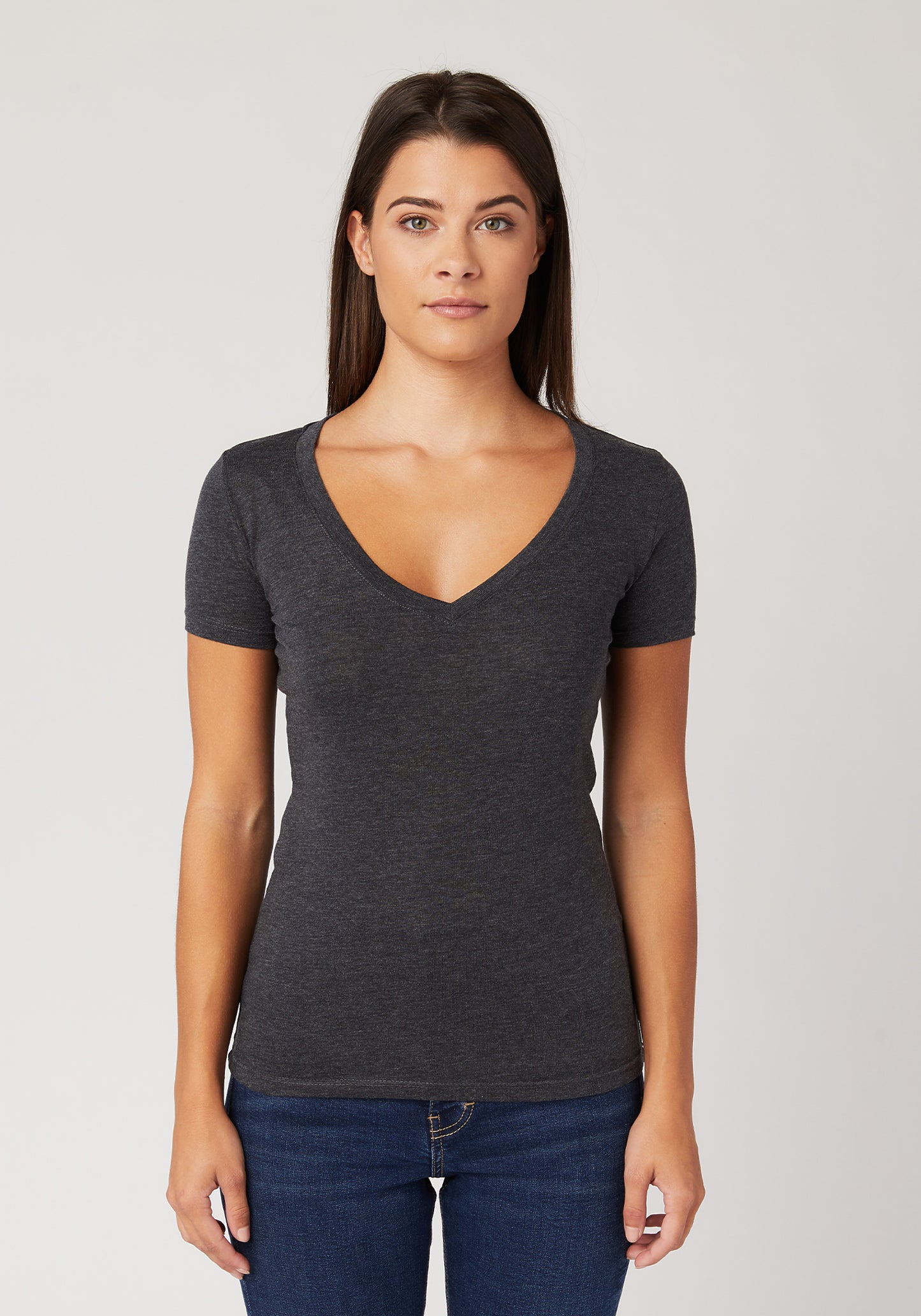 Women's T-shirt, Fitted Signature V-Neck, Charcoal Grey, 100% Cotton