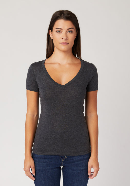Women's T-shirt, Fitted Signature V-Neck, Charcoal Grey, 100% Cotton