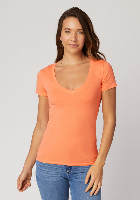 Women's T-shirt, Fitted Signature V-Neck, Cantaloupe, 100% Cotton