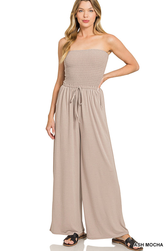 Mocha Smocked tube top jumpsuit