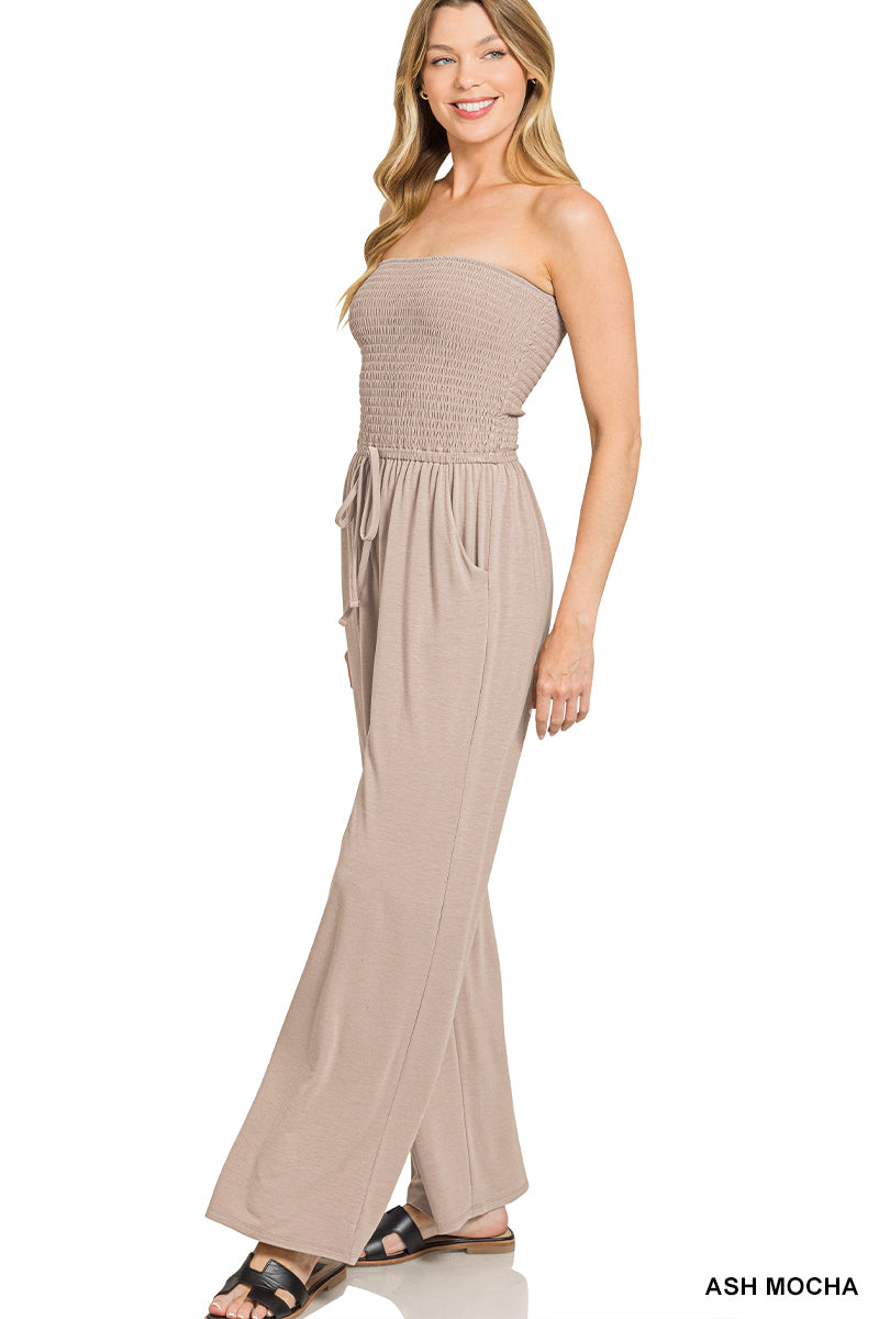 Mocha Smocked tube top jumpsuit