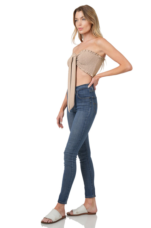 Mocha terry smocked tube top w/tie