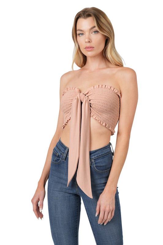 Blush terry smocked tube top w/tie