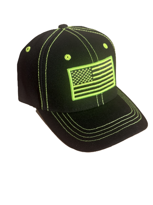 USA Black, Fluorescent Green Stitch, Hook & Loop Back