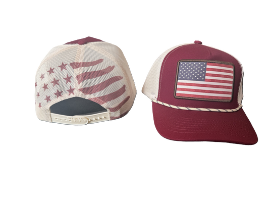 USA Burgundy and White with Rope, Stars & Stripes Mesh Snapback