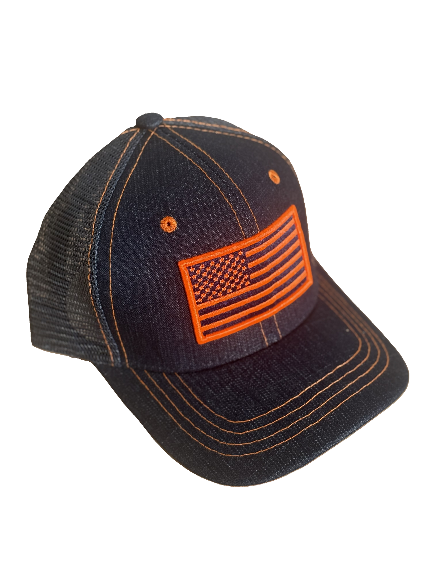 USA Blue Denim, Fluorescent Orange Stitch, Mesh Snapback