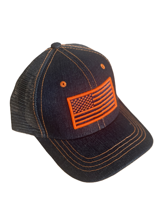 USA Blue Denim, Fluorescent Orange Stitch, Mesh Snapback