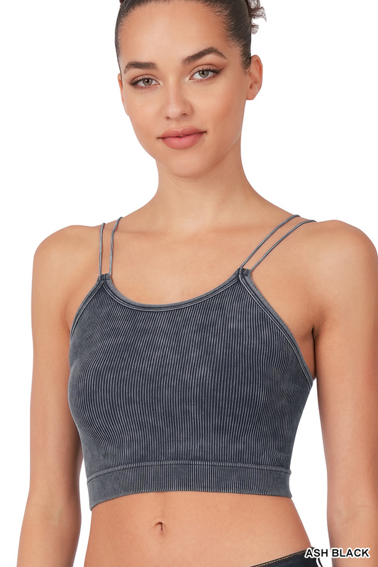 Washed Ribbed Seamless Double Strap Brami - Ash Black