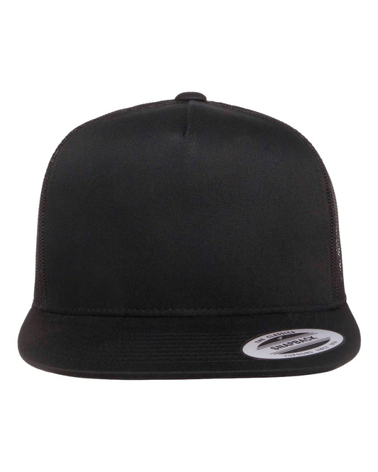 YP Five Panel Classic Flat Bill Trucker Black Front and Black Mesh