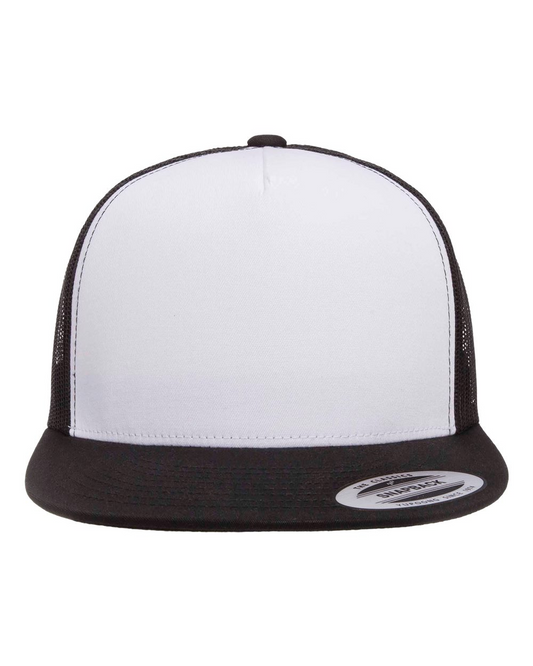 YP Five Panel Classic Flat Bill Trucker Black White Front and Black Mesh