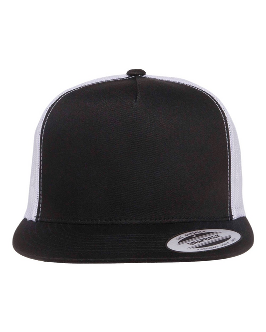 YP Five Panel Classic Flat Bill Trucker Black Front and White Mesh