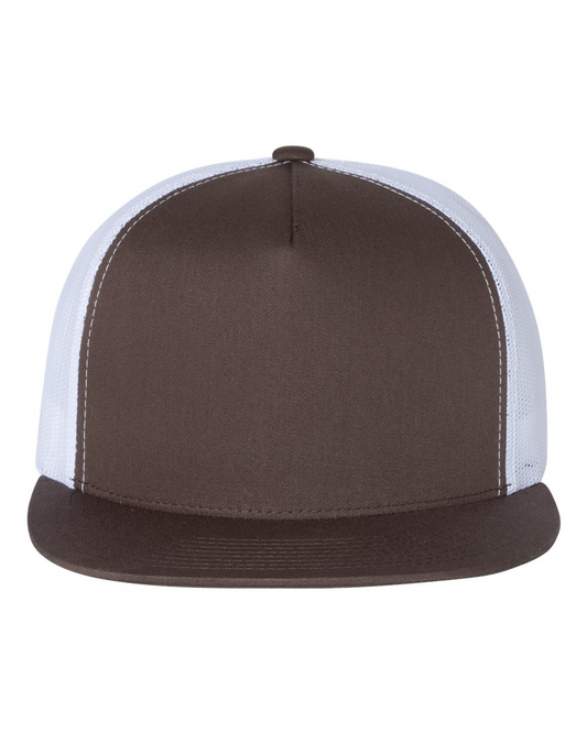 YP Five Panel Classic Flat Bill Trucker Brown Front and White Mesh