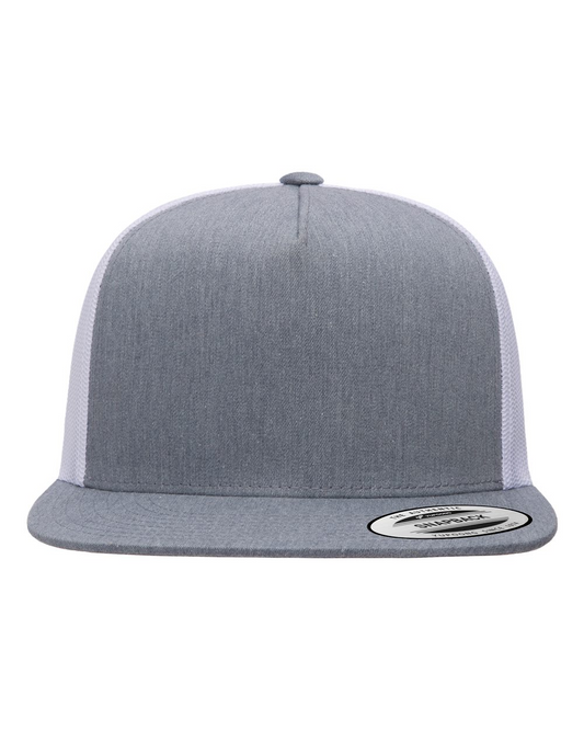 YP Five Panel Classic Flat Bill Trucker Heather Front and White Mesh