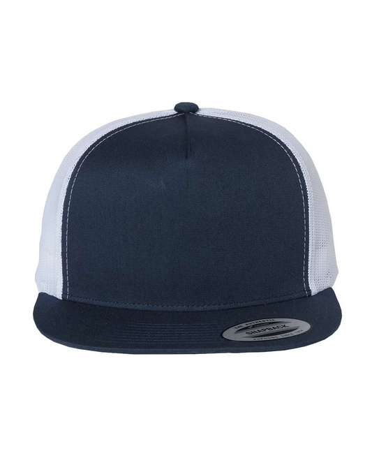 YP Five Panel Classic Flat Bill Trucker Navy Front and White Mesh