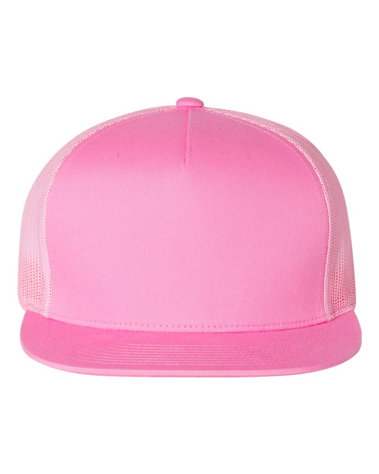 YP Five Panel Classic Flat Bill Trucker Pink Front and Pink Mesh