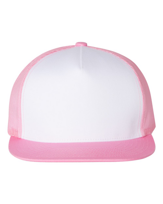 YP Five Panel Classic Flat Bill Trucker White Front Pink Bill and Pink Mesh