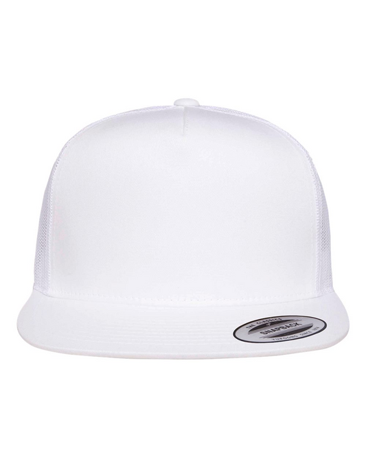 YP Five Panel Classic Flat Bill Trucker Silver Front and White Mesh