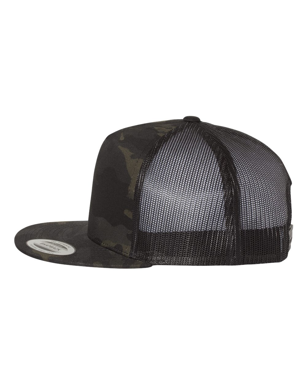 YP Five Panel Classic Flat Bill Trucker Multi Camo Front and Black Mesh