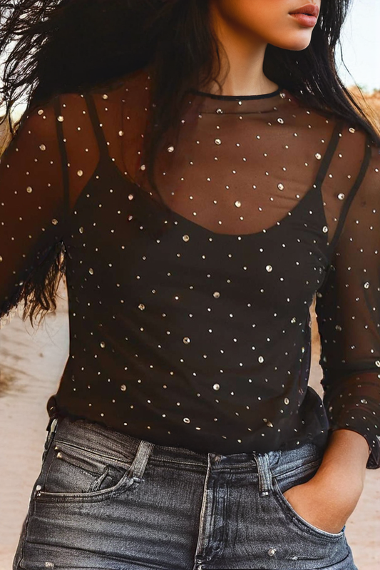 Rhinestone Sheer Mesh Slim Fit Long Sleeve Top