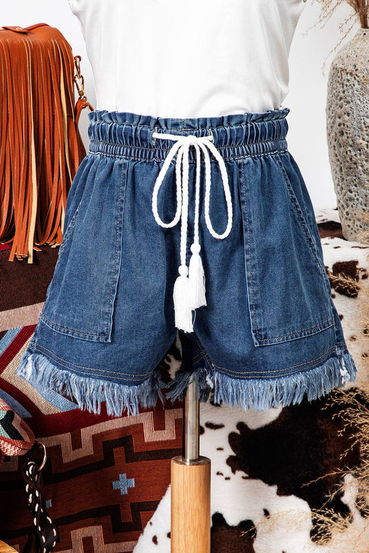 Raw Hem Drawstring High Waist Denim Shorts with Pockets