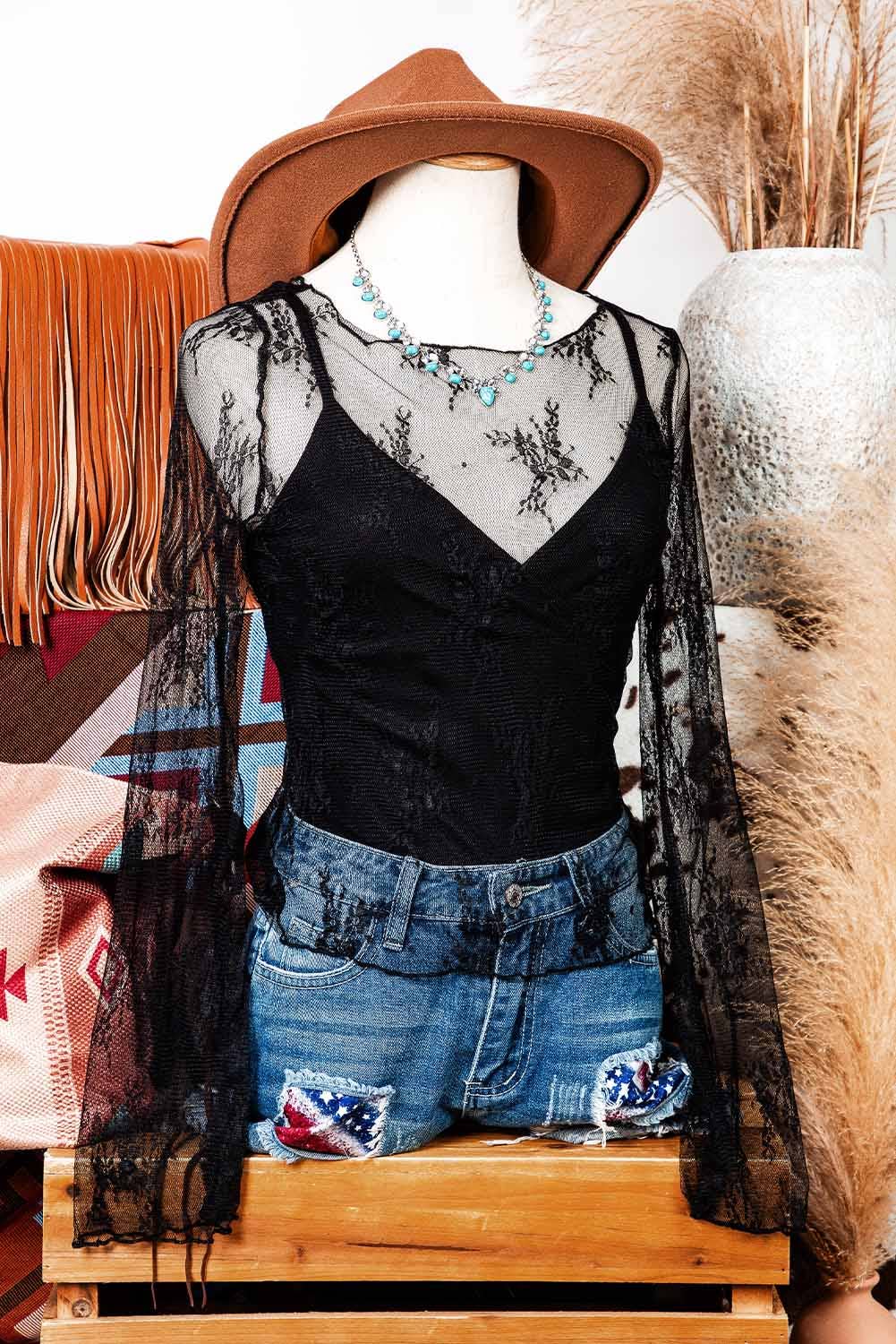 Lace Mesh Crochet Splicing Slim Fit Long Sleeve Blouse
