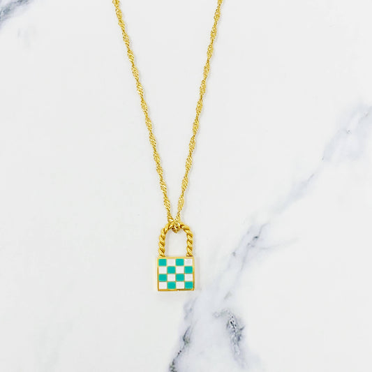 Checkered Locket Necklace, Gold