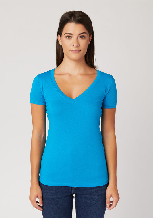 Women's T-shirt, Fitted Signature V-Neck, Turquoise, 100% Cotton